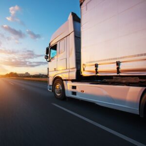 Semi truck on the road at sunset