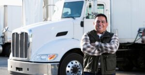 Man smiling in front of parked semi truck